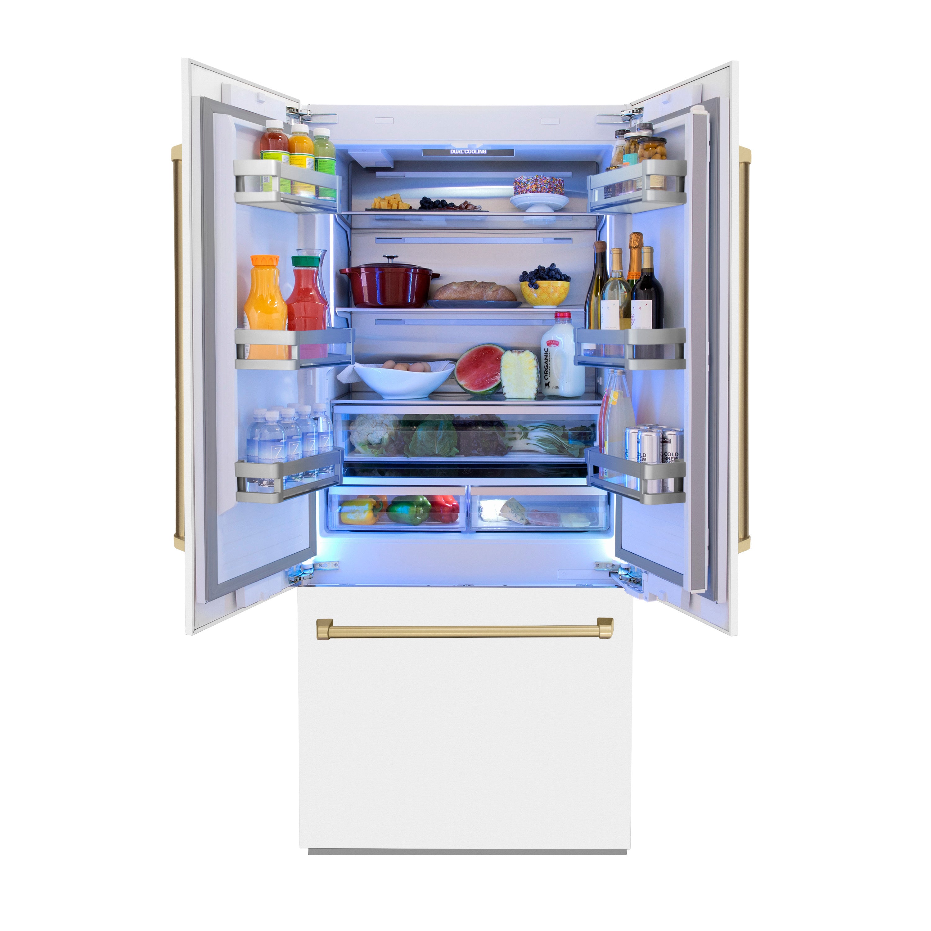 ZLINE 36 In. White Matte Built-In Refrigerator, Bronze Accents