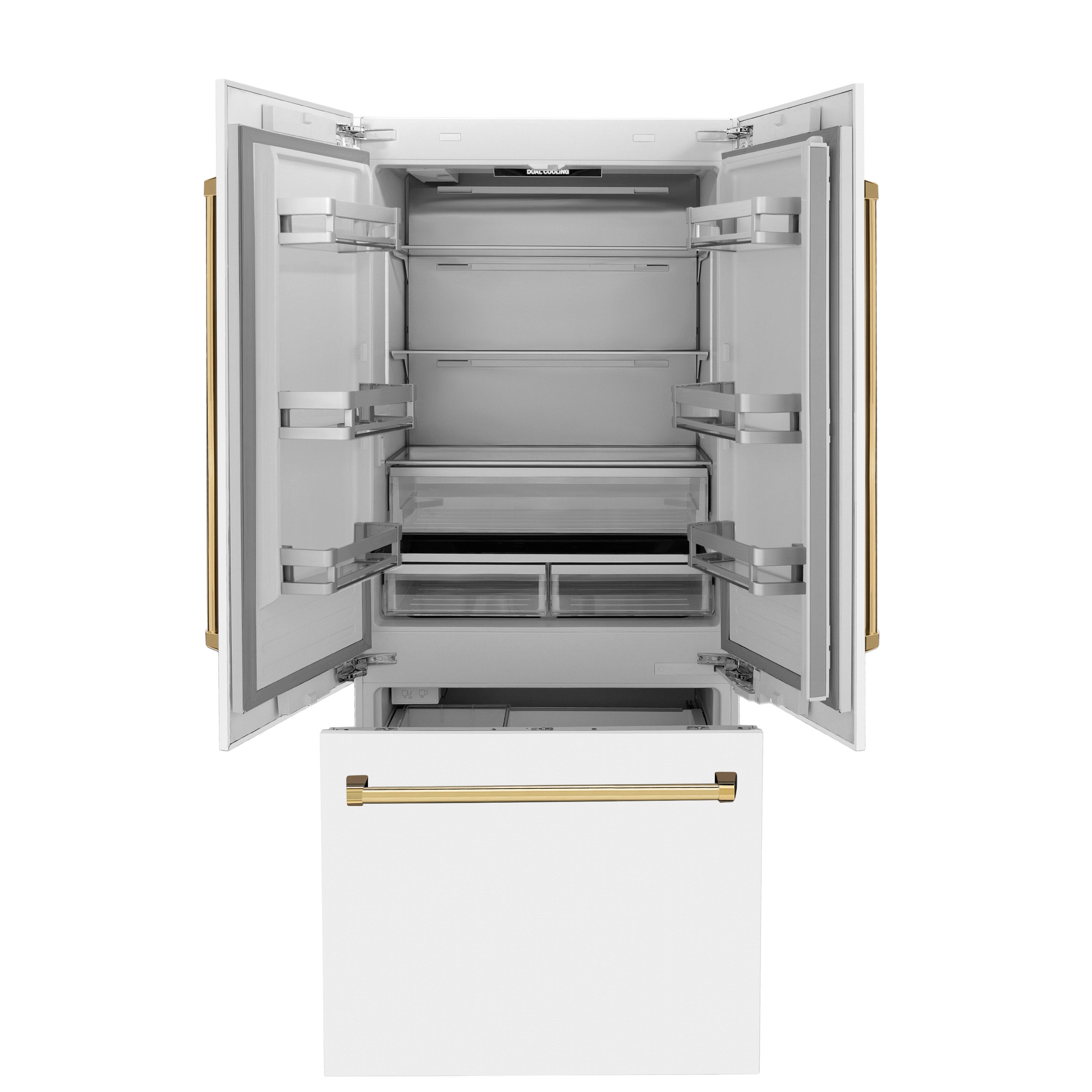 ZLINE 36 In. White Matte Built-In Refrigerator, Gold Accents