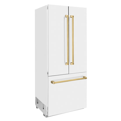ZLINE 36 In. 19.6 cu. ft. Built-In French Door Refrigerator with Internal Water and Ice Dispenser in White Matte with Gold Accents, RBIVZ-WM-36-G