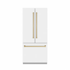 ZLINE Autograph 36" 19.6 cu. ft. French Door Built-In Bottom Freezer Refrigerator with Water Dispenser and Ice Maker in White Matte with Stainless Steel Interior and Champagne Bronze Accents, SRBIVZ-WM-36-CB