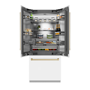 ZLINE Autograph 36" 19.6 cu. ft. French Door Built-In Bottom Freezer Refrigerator with Water Dispenser and Ice Maker in White Matte with Stainless Steel Interior and Champagne Bronze Accents, SRBIVZ-WM-36-CB