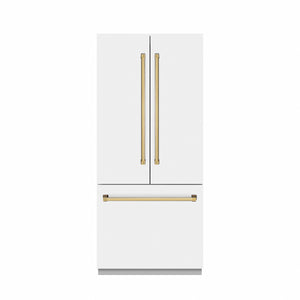 ZLINE Autograph 36" 19.6 cu. ft. French Door Built-In Bottom Freezer Refrigerator with Water Dispenser and Ice Maker in White Matte with Stainless Steel Interior and Polished Gold Accents, SRBIVZ-WM-36-G