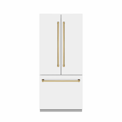 ZLINE Autograph 36" 19.6 cu. ft. French Door Built-In Bottom Freezer Refrigerator with Water Dispenser and Ice Maker in White Matte with Stainless Steel Interior and Polished Gold Accents, SRBIVZ-WM-36-G