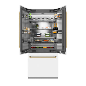 ZLINE Autograph 36" 19.6 cu. ft. French Door Built-In Bottom Freezer Refrigerator with Water Dispenser and Ice Maker in White Matte with Stainless Steel Interior and Polished Gold Accents, SRBIVZ-WM-36-G