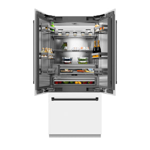ZLINE Autograph 36" 19.6 cu. ft. French Door Built-In Bottom Freezer Refrigerator with Water Dispenser and Ice Maker in White Matte with Stainless Steel Interior and Matte Black Accents, SRBIVZ-WM-36-MB