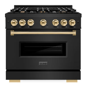 ZLINE Autograph 36" 5.2 cu. ft. Classic Gas Range with 6 Burners in Black Stainless Steel and Polished Gold Accents, CGRBZ-36-G