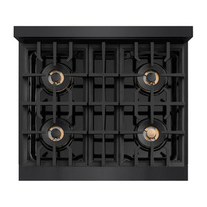 ZLINE Autograph 30" Classic Gas Rangetop with 4 Burner DuoPro™ Cooktop in Black Stainless Steel and Polished Gold Accents, PCRTBZ-30-G