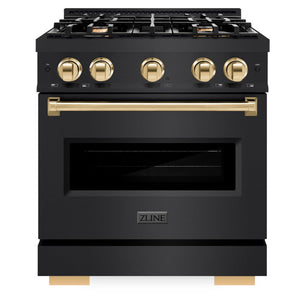 ZLINE Autograph 30" 4.2 cu. ft. Classic Dual Fuel Range with 4 Burners in Black Stainless Steel with Polished Gold Accents, CDRBZ-30-G