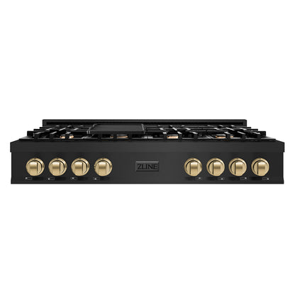 ZLINE Autograph Edition 48 In. Porcelain Rangetop with 7 Gas Burners in Black Stainless Steel and Champagne Bronze Accents, RTBZ-48-CB
