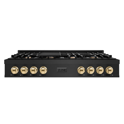 ZLINE Autograph Edition 48 Inch Porcelain Rangetop with 7 Gas Burners in Black Stainless Steel and Gold Accents, RTBZ-48-G