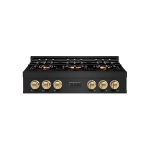 ZLINE Autograph 36" Classic Gas Rangetop with 6 Burner DuoPro™ Cooktop in Black Stainless Steel and Champagne Bronze Accents, PCRTBZ-36-CB