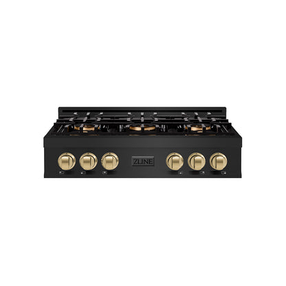 ZLINE Autograph 36" Classic Gas Rangetop with 6 Burner DuoPro™ Cooktop in Black Stainless Steel and Champagne Bronze Accents, PCRTBZ-36-CB