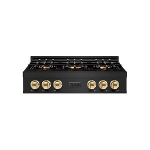 ZLINE Autograph 36" Classic Gas Rangetop with 6 Burner DuoPro™ Cooktop in Black Stainless Steel and Polished Gold Accents, PCRTBZ-36-G