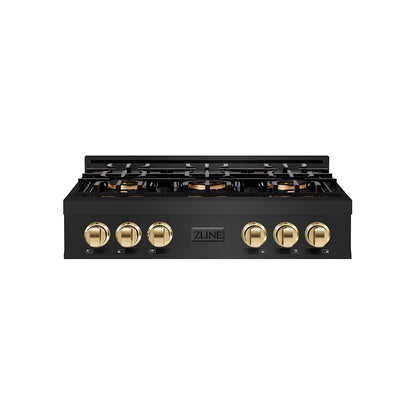 ZLINE Autograph 36" Classic Gas Rangetop with 6 Burner DuoPro™ Cooktop in Black Stainless Steel and Polished Gold Accents, PCRTBZ-36-G