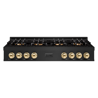 ZLINE Autograph 48" Classic Gas Rangetop with 8 Burner DuoPro™ Cooktop in Black Stainless Steel and Polished Gold Accents, PCRTBZ-48-G