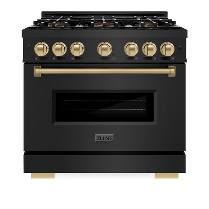ZLINE Autograph 36" 5.2 cu. ft. Classic Dual Range with 6 Burner DuoPro™ Cooktop and Oven in Black Stainless and Champagne Bronze Accents, PCDRBZ-36-CB