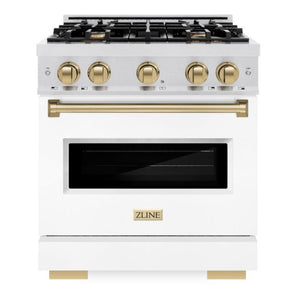 ZLINE Autograph 30" 4.2 cu. ft. Classic Dual Fuel Range with 4 Burners in DuraSnow® Stainless Steel with White Matte Door and Champagne Bronze Accents, CDRSZ-WM-30-CB