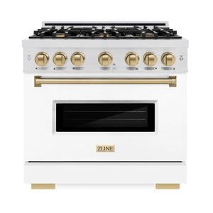 ZLINE Autograph 36" 5.2 cu. ft. Classic Dual Fuel Range with 6 Burners in DuraSnow® Stainless Steel with White Matte Door and Champagne Bronze Accents, CDRSZ-WM-36-CB