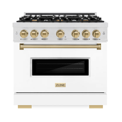 ZLINE Autograph 36" 5.2 cu. ft. Classic Dual Fuel Range with 6 Burners in DuraSnow® Stainless Steel with White Matte Door and Champagne Bronze Accents, CDRSZ-WM-36-CB