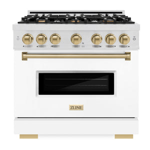 ZLINE Autograph 36" 5.2 cu. ft. Classic Dual Fuel Range with 6 Burners in DuraSnow® Stainless Steel with White Matte Door and Polished Gold Accents, CDRSZ-WM-36-G