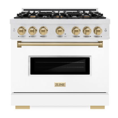ZLINE Autograph 36" 5.2 cu. ft. Classic Dual Fuel Range with 6 Burners in DuraSnow® Stainless Steel with White Matte Door and Polished Gold Accents, CDRSZ-WM-36-G