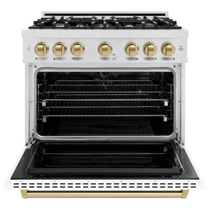 ZLINE Autograph 36" 5.2 cu. ft. Classic Dual Fuel Range with 6 Burners in DuraSnow® Stainless Steel with White Matte Door and Polished Gold Accents, CDRSZ-WM-36-G