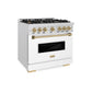 ZLINE Autograph 36" 5.2 cu. ft. Classic Dual Fuel Range with 6 Burners in DuraSnow® Stainless Steel with White Matte Door and Polished Gold Accents, CDRSZ-WM-36-G
