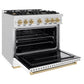 ZLINE Autograph 36" 5.2 cu. ft. Classic Dual Fuel Range with 6 Burners in DuraSnow® Stainless Steel with White Matte Door and Polished Gold Accents, CDRSZ-WM-36-G