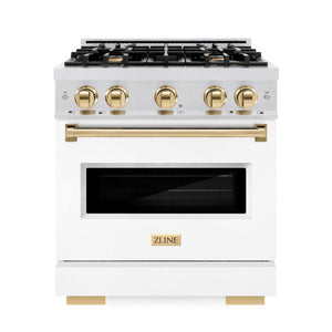 ZLINE Autograph 30" 4.2 cu. ft. Classic Dual Fuel Range with 4 Burners in DuraSnow® Stainless Steel with White Matte Door and Polished Gold Accents, CDRSZ-WM-30-G