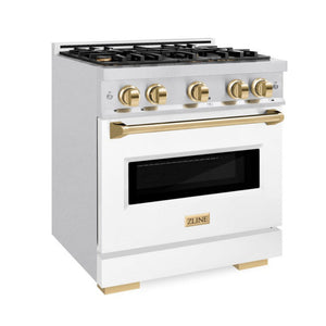 ZLINE Autograph 30" 4.2 cu. ft. Classic Dual Fuel Range with 4 Burners in DuraSnow® Stainless Steel with White Matte Door and Polished Gold Accents, CDRSZ-WM-30-G