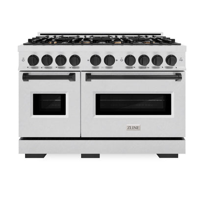 ZLINE Autograph 48" 6.7 cu. ft. Classic Double Oven Dual Fuel Range with 8 Burners in DuraSnow® Stainless Steel and Matte Black Accents, CDRSZ-48-MB