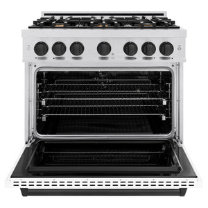 ZLINE Autograph 36" 5.2 cu. ft. Classic Dual Fuel Range with 6 Burners in DuraSnow® Stainless Steel with White Matte Door and Matte Black Accents, CDRSZ-WM-36-MB