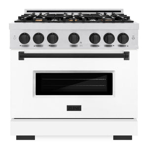 ZLINE Autograph 36" 5.2 cu. ft. Classic Dual Fuel Range with 6 Burners in DuraSnow® Stainless Steel with White Matte Door and Matte Black Accents, CDRSZ-WM-36-MB