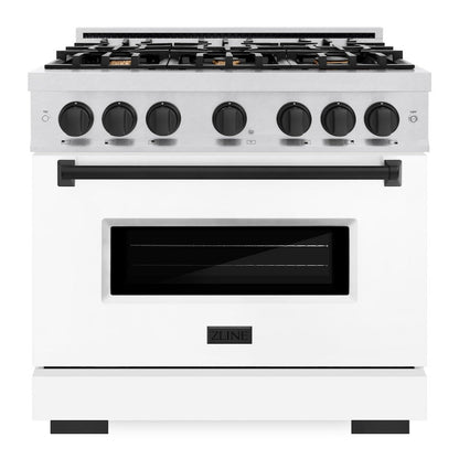 ZLINE Autograph 36" 5.2 cu. ft. Classic Dual Fuel Range with 6 Burners in DuraSnow® Stainless Steel with White Matte Door and Matte Black Accents, CDRSZ-WM-36-MB