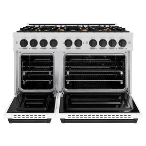ZLINE Autograph 48" 6.7 cu. ft. Classic Double Oven Dual Fuel Range with 8 Burners in DuraSnow® Stainless Steel with White Matte Doors and Matte Black Accents, CDRSZ-WM-48-MB