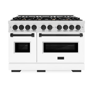 ZLINE Autograph 48" 6.7 cu. ft. Classic Double Oven Dual Fuel Range with 8 Burners in DuraSnow® Stainless Steel with White Matte Doors and Matte Black Accents, CDRSZ-WM-48-MB