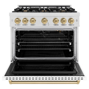 ZLINE Autograph 36" 5.2 cu. ft. Classic Gas Range with 6 Burners in DuraSnow® Stainless Steel with White Matte Door and Champagne Bronze Accents, CGRSZ-WM-36-CB