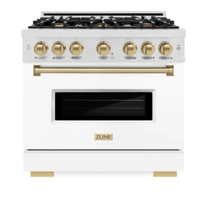 ZLINE Autograph 36" 5.2 cu. ft. Classic Gas Range with 6 Burners in DuraSnow® Stainless Steel with White Matte Door and Champagne Bronze Accents, CGRSZ-WM-36-CB