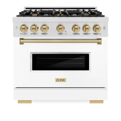 ZLINE Autograph 36" 5.2 cu. ft. Classic Gas Range with 6 Burners in DuraSnow® Stainless Steel with White Matte Door and Champagne Bronze Accents, CGRSZ-WM-36-CB