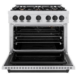 ZLINE Autograph 36" 5.2 cu. ft. Classic Gas Range with 6 Burners in DuraSnow® Stainless Steel and Matte Black Accents, CGRSZ-36-MB