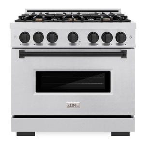 ZLINE Autograph 36" 5.2 cu. ft. Classic Gas Range with 6 Burners in DuraSnow® Stainless Steel and Matte Black Accents, CGRSZ-36-MB