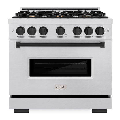 ZLINE Autograph 36" 5.2 cu. ft. Classic Gas Range with 6 Burners in DuraSnow® Stainless Steel and Matte Black Accents, CGRSZ-36-MB