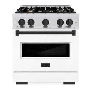 ZLINE Autograph 30" 4.2 cu. ft. Classic Gas Range with 4 Burners in DuraSnow® Stainless Steel with White Matte Door and Matte Black Accents, CGRSZ-WM-30-MB
