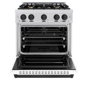 ZLINE Autograph 30" 4.2 cu. ft. Classic Gas Range with 4 Burners in DuraSnow® Stainless Steel with White Matte Door and Matte Black Accents, CGRSZ-WM-30-MB