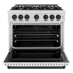 ZLINE Autograph 36" 5.2 cu. ft. Classic Gas Range with 6 Burners in DuraSnow® Stainless Steel with White Matte Door and Matte Black Accents, CGRSZ-WM-36-MB