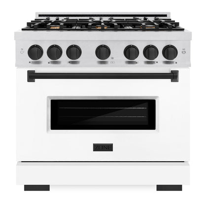 ZLINE Autograph 36" 5.2 cu. ft. Classic Gas Range with 6 Burners in DuraSnow® Stainless Steel with White Matte Door and Matte Black Accents, CGRSZ-WM-36-MB