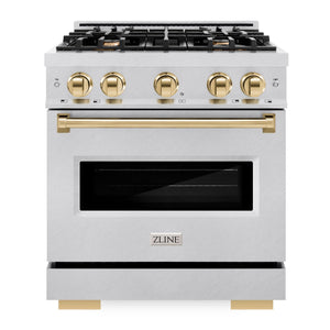 ZLINE Autograph 30" 4.2 cu. ft. Classic Gas Range with 4 Burners in DuraSnow® Stainless Steel and Polished Gold Accents, CGRSZ-30-G