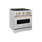 ZLINE Autograph 30" 4.2 cu. ft. Classic Gas Range with 4 Burners in DuraSnow® Stainless Steel and Polished Gold Accents, CGRSZ-30-G
