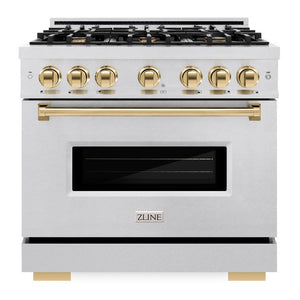 ZLINE Autograph 36" 5.2 cu. ft. Classic Gas Range with 6 Burners in DuraSnow® Stainless Steel and Polished Gold Accents, CGRSZ-36-G