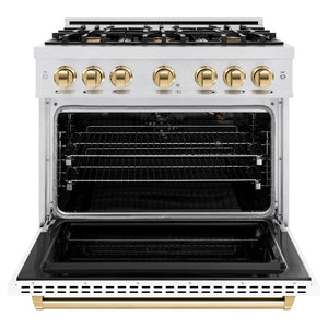 ZLINE Autograph 36" 5.2 cu. ft. Classic Gas Range with 6 Burners in DuraSnow® Stainless Steel with White Matte Door and Polished Gold Accents, CGRSZ-WM-36-G
